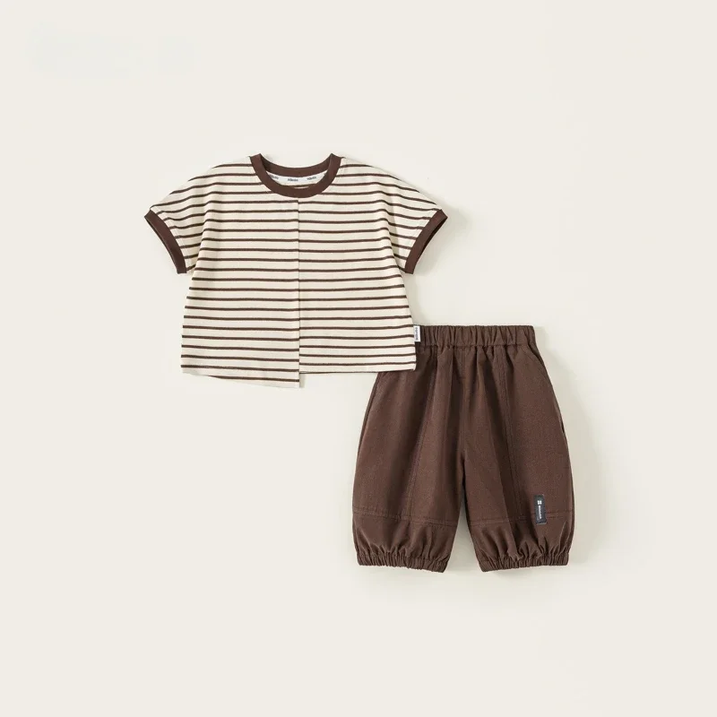 

2025 New Summer Round Neck Color Blocked Striped Irregular Hem Top and Coffee Pants Two-piece Set