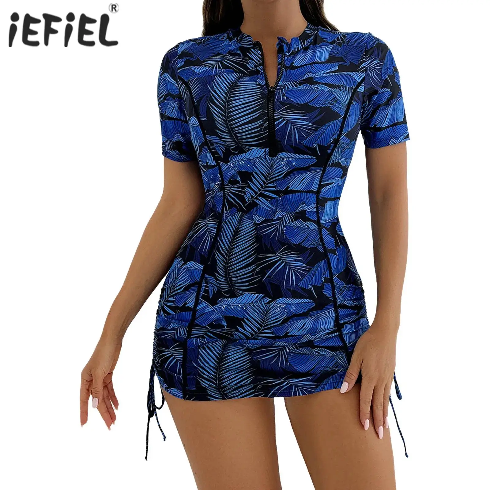 

Womens Swim Leotard Rash Guard Shirt and Swim Briefs Front Zipper Side Drawstring Allover Print Swimwear for Water Activities
