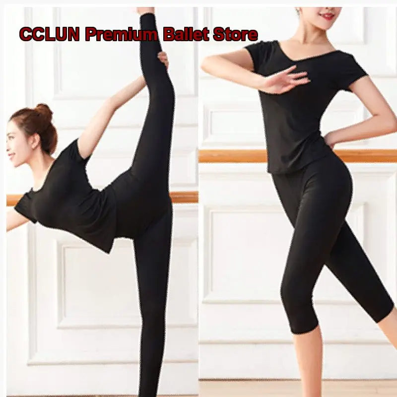 Maillot de Ballet para Mujer Adulta, Traje de Modal Negro, Pantalones Ajustados de Tres Cuartos, Mangas Cortas, para Estudiantes de Escuelas de Arte
