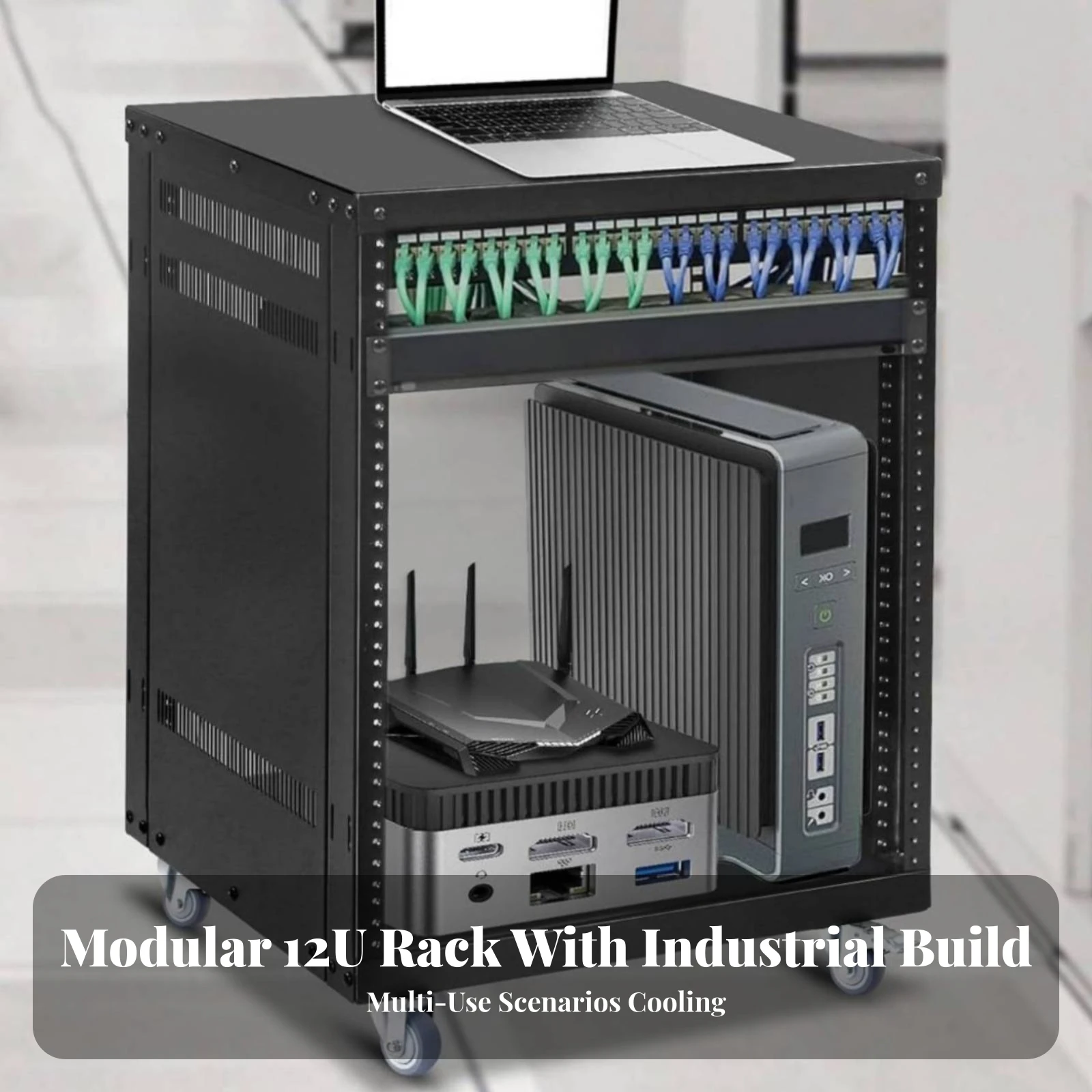 12U Rack Cabinet 19-Inch Compatible Open Frame Rack Cabinet Heavy-Duty Cold-Rolled Steel for Office, Studio
