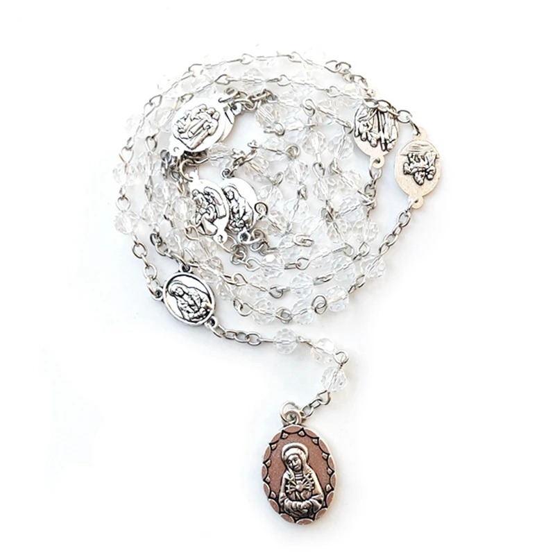 Seven Sorrows Crystal Beaded Rosary Necklace For Women Catholic Pray Pendant  Jewelry Red White Pink Blue