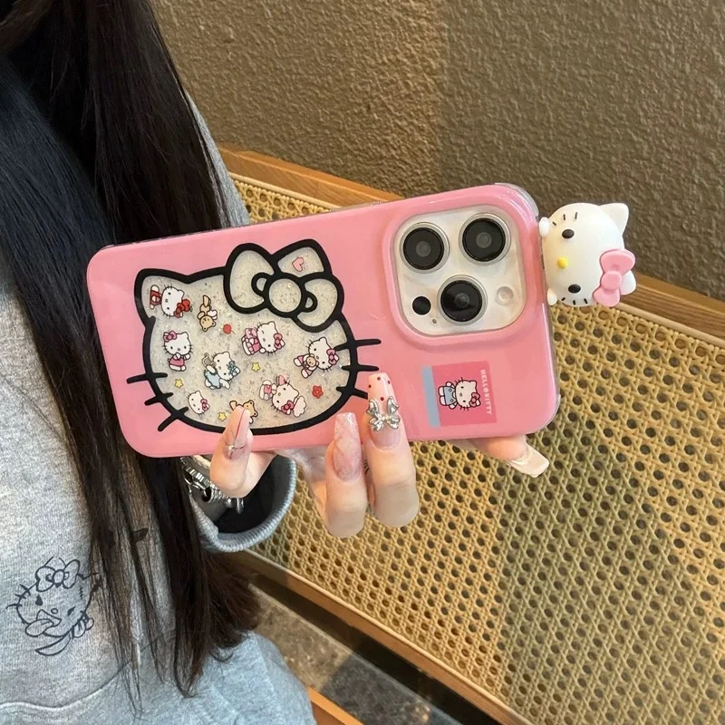 Luxury Cute Bow  Bling Glitter Hello Kitty Phone Case For iPhone 13 14 15 16 Pro Max Cartoon Pink Kitty 3D Doll KT Protect Cover