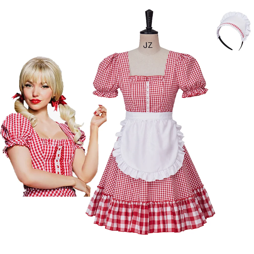 New ! Musical Schmigadoon lady Betsy Cosplay Waitress Dress Set Sexy Lady Betsy Costume Red Plaid Dress With Apron Set For Women