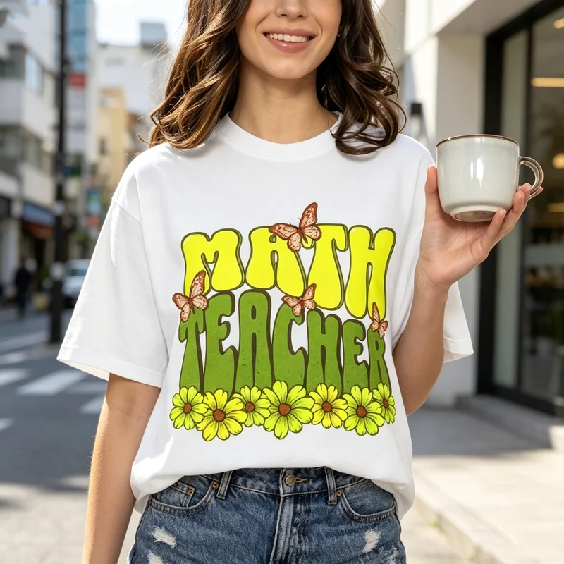 Math Teacher T Shirt Women Retro Letter Flower Butterfly Print Casual Cotton Short Sleeve Gift Top Harajuku Y2k Top Summer