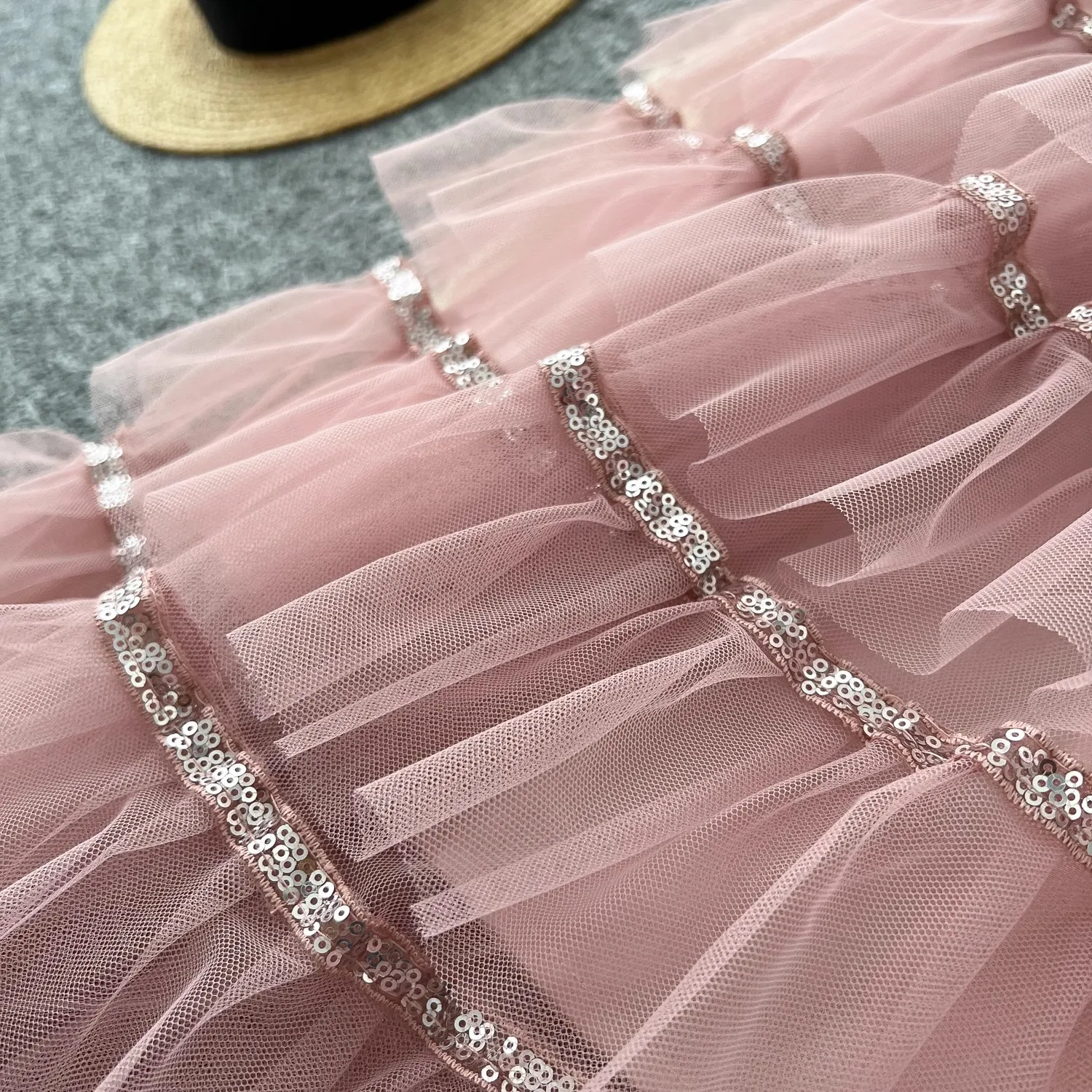 Women's Square Collar Sweet Pink Beading Embroidery Sequins Mesh Multilayer Cake Dress Casual Lady Sequined Lace A-Line Vestido