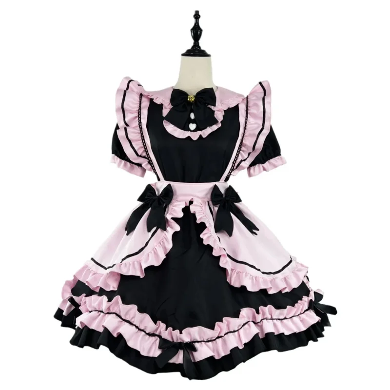 Anime gótico lolita jsk vestido de manga curta kawaii arco empregada vestidos de festa cosplay gatos menina harajuku bonito rosa babados preto