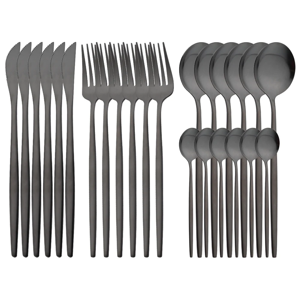 Matte 24Pcs Black Dinnerware Cutlery Set Stainless Steel Flatware Set Kitchen Silverware Home Steak Knife Fork Spoon Tableware