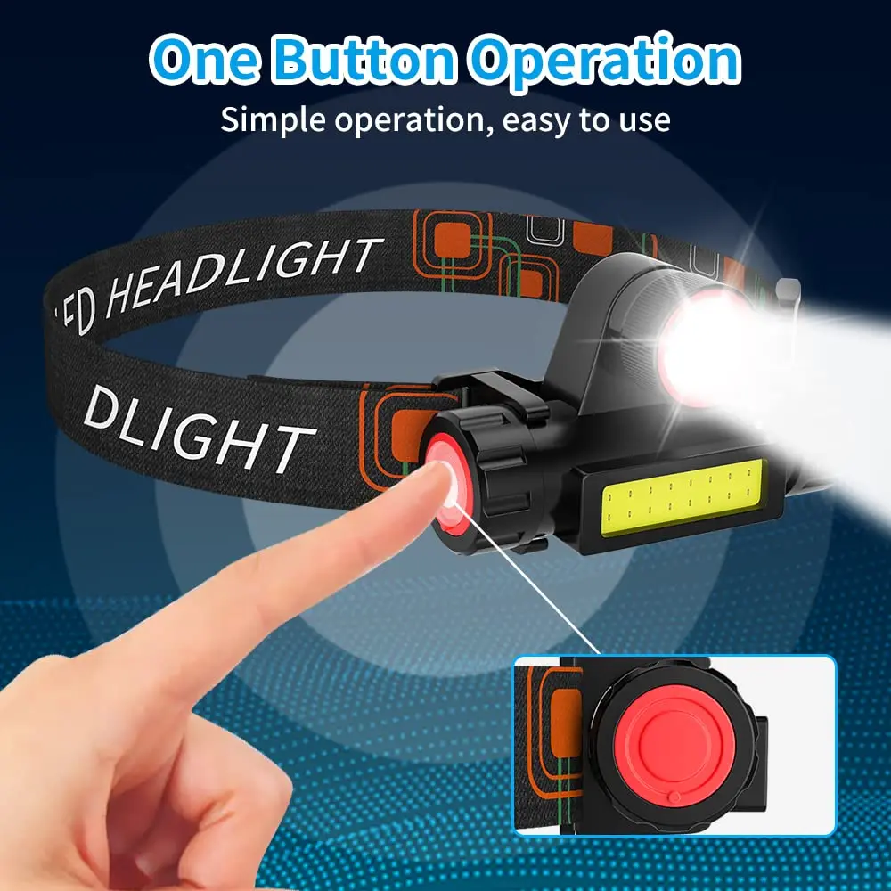 2pcs Waterproof Headlamp LED Super Bright Head Torch USB Rechargeable COB Headlight