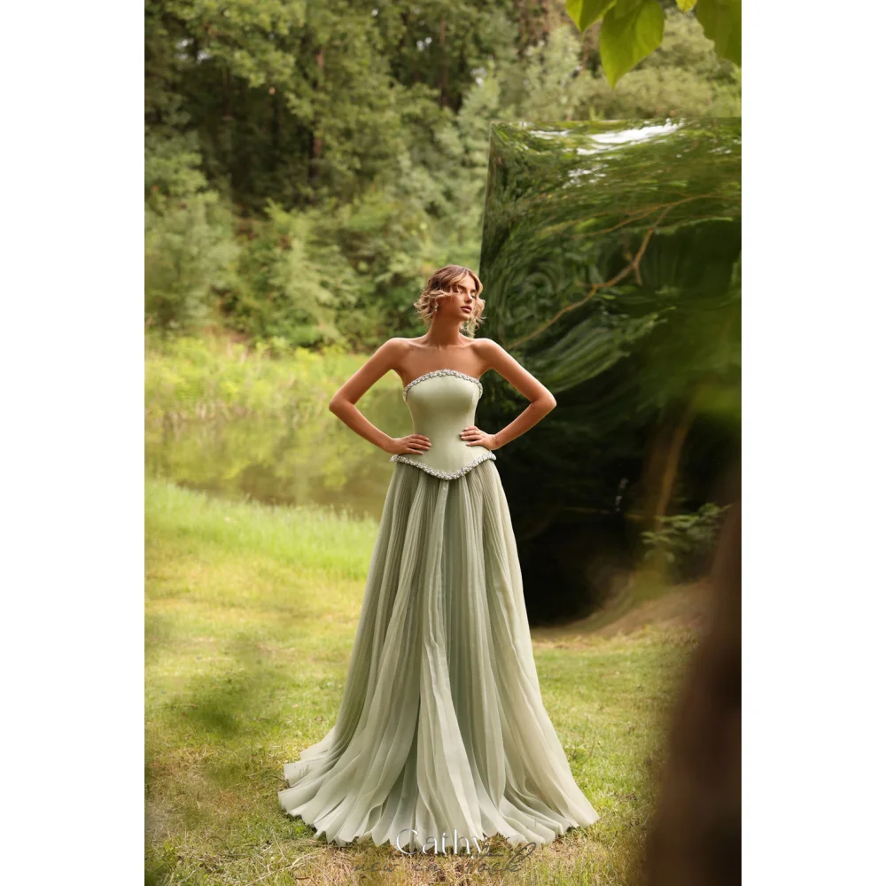 

Cathy на заказ зеленое драпированное платье для выпускного вечера со стразами без бретелек длиной до пола, платья de noiva, простые вечерние платья трапециевидной формы 2025