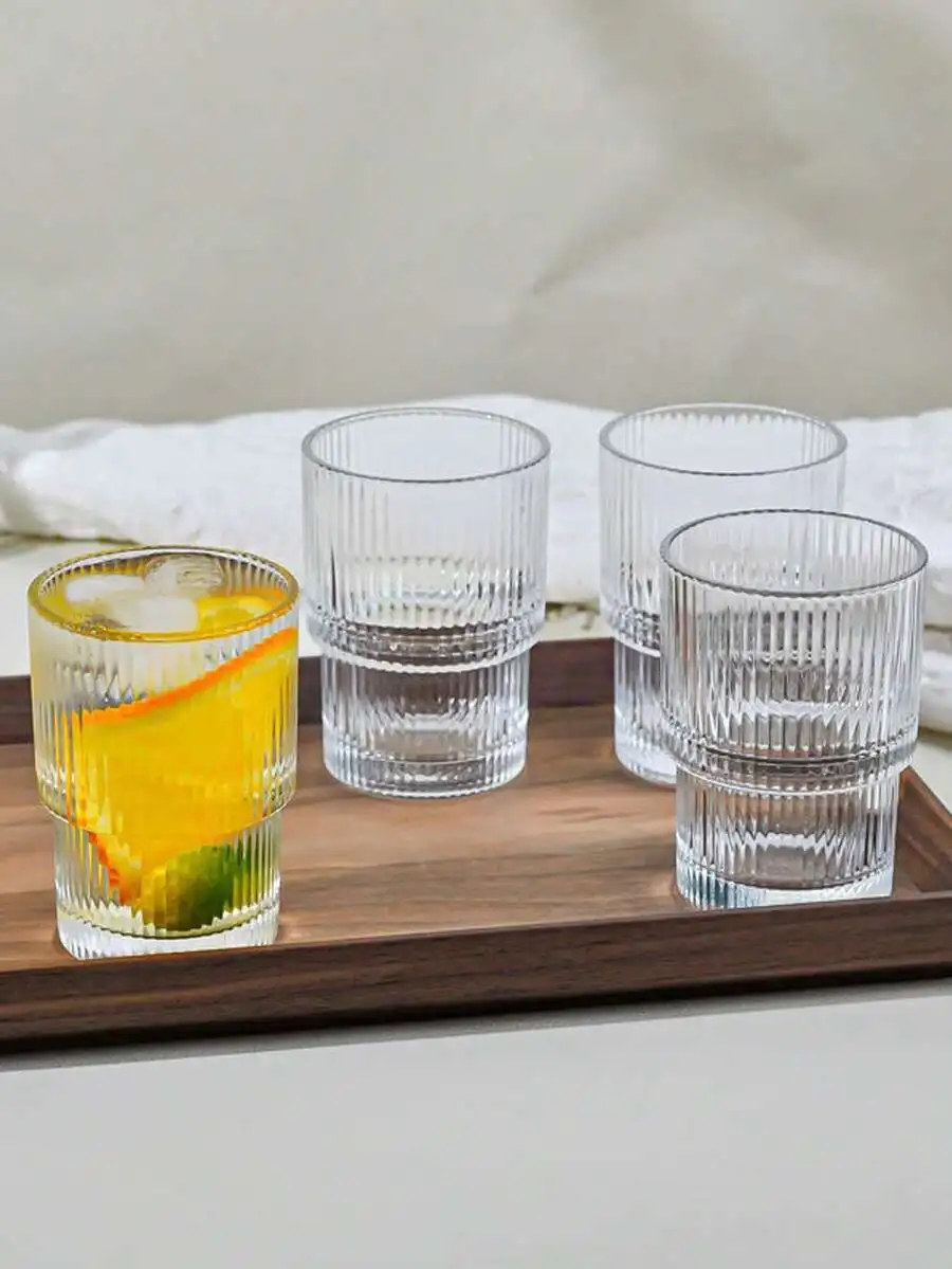 

6pcs, 200ml/6.76oz, 400ml/13.53oz Glass Cups, Vintage Striped Glass Cups, Non Slip And Durable, Reusable, Stackable, Suitable Fo
