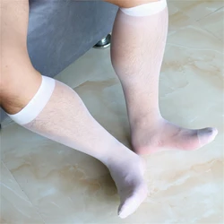 Men's Wide Striped Toe Sheer Formal Dress Socks Silky Knee High Thin Breathable Sexy Sock Man Stockings