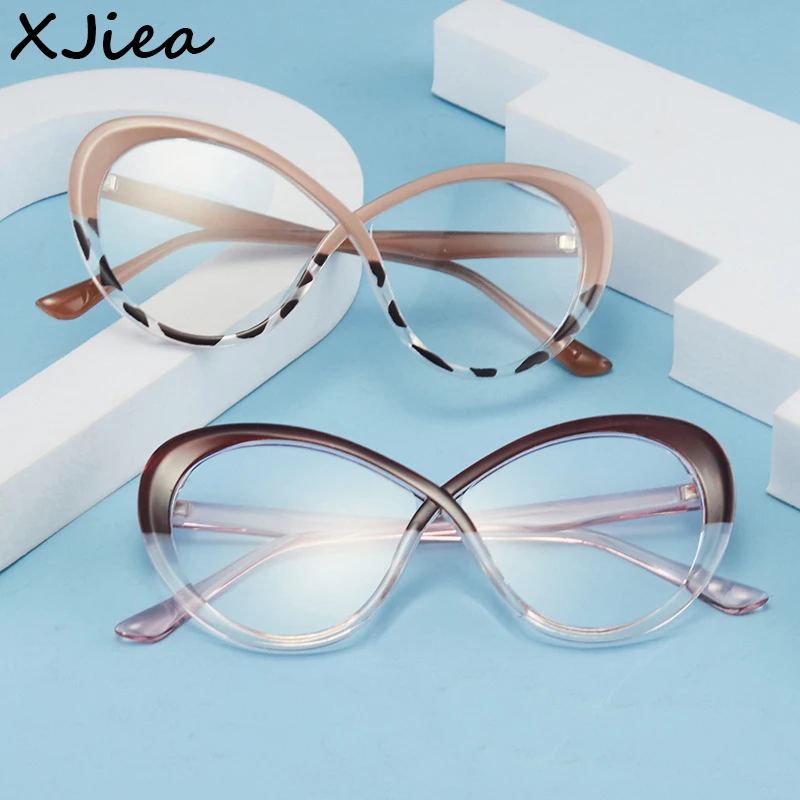 

XJiea Vintage Leopard Print Anti-blue Light Glasses For Women Stitching Colors Cat Eye Computer Blue Ray Blocking Eyeglasses