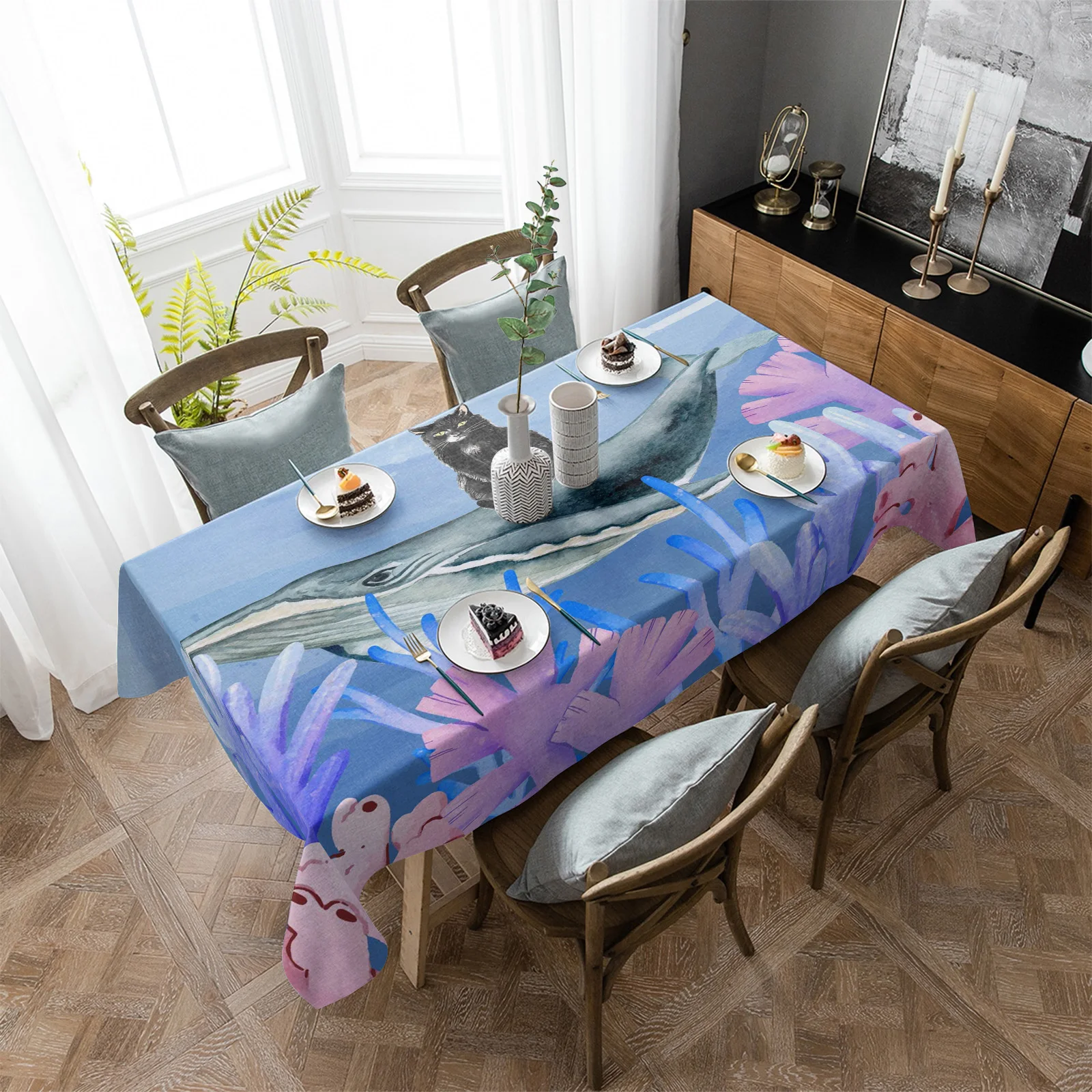 

Cartoon Ocean Deep Sea Whale Animal Waterproof Tablecloth Party Decorations Supplies Rectangle Table Cloth Kitchen Table Decor