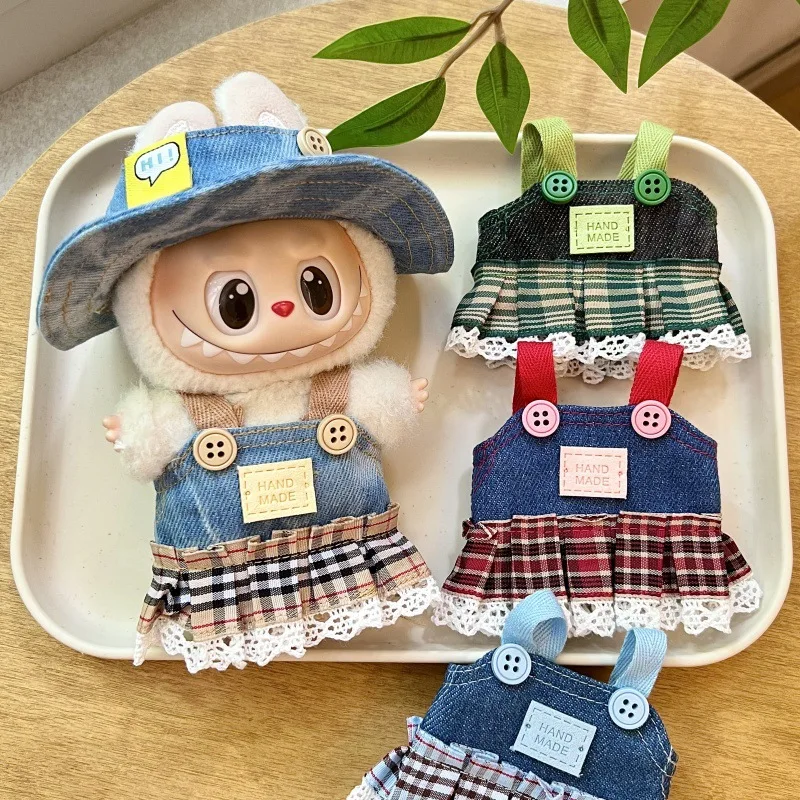 

Washered Denim Outfit Embroidered Pinafore Dress & Hat for Labubu 1st-3rd Gen Sitting Party Bohemian Style