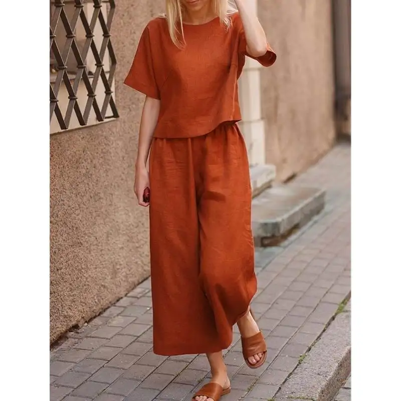 Set Celana T-irt 2 Potong Wanita Musim Gugur S5XL Pakaian Kasual Wanita Ansambel Modis Campuran Linen Nyaman Koleksi Musim Gugur 202...