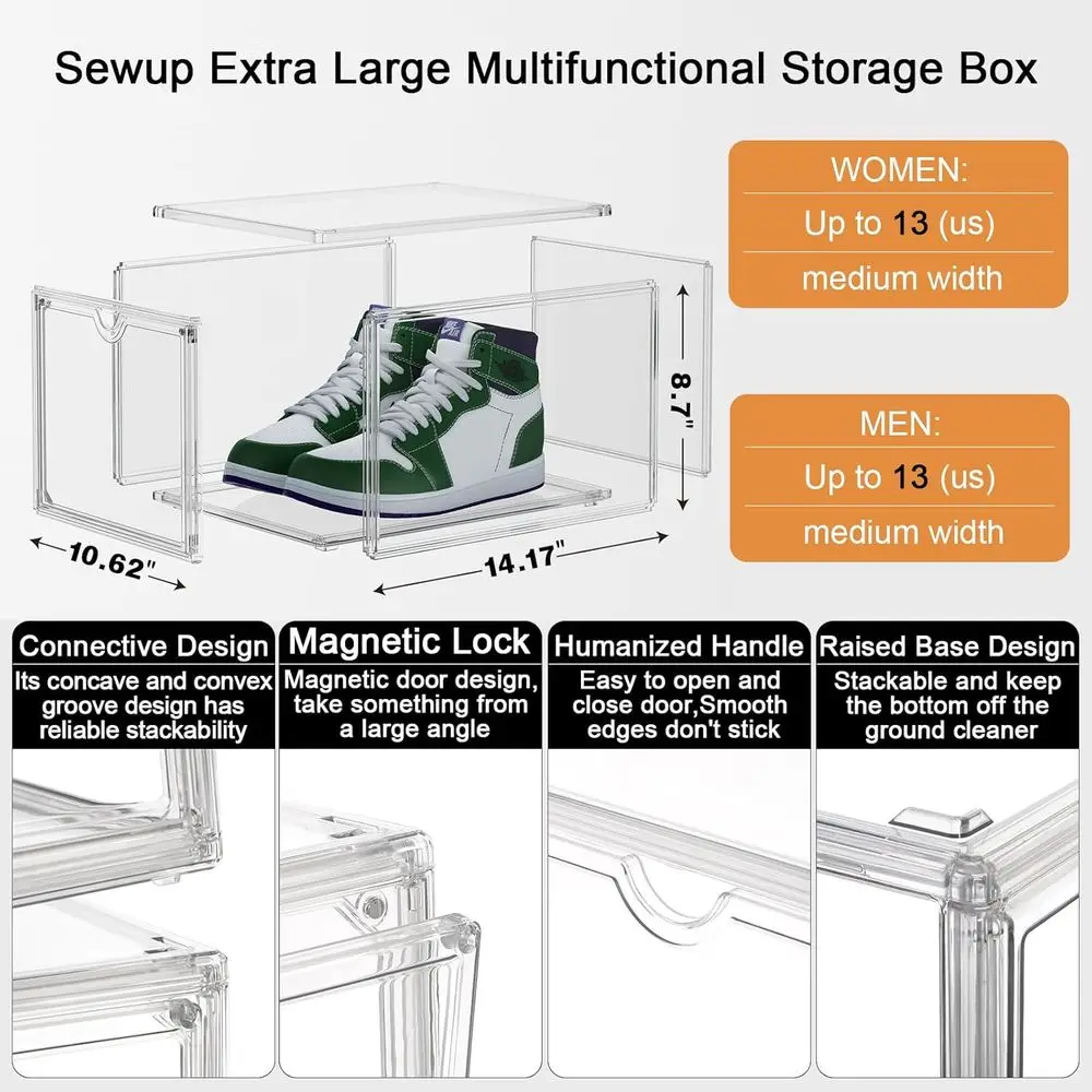 Stackable Clear Acrylic Shoe Storage Boxes with Magnetic Lids, 4-Pack for Sneaker Display and Protection
