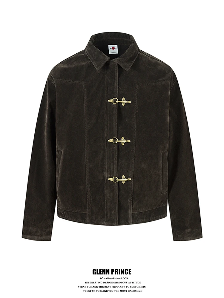 

GPstudio Vintage Deconstructed Short Jacket Men's Suede Leather Aircraft Buckle Jacket Youthful Style Windproof Autumn Outerwear