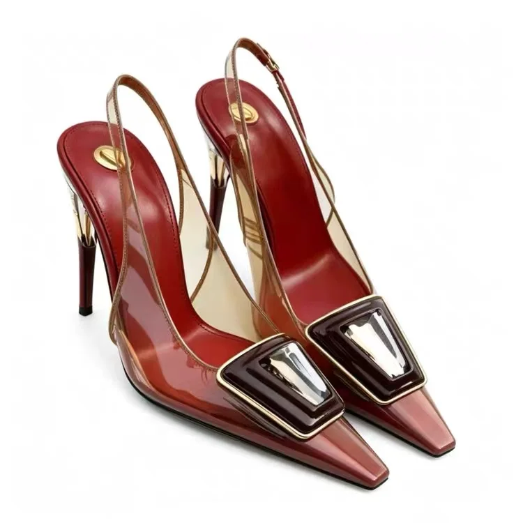 Women's Transparent PVC Square Gold Buckle Slingback Pumps Cutout Metallic Stiletto Heels Pointed Toe Luxury Designer view 2