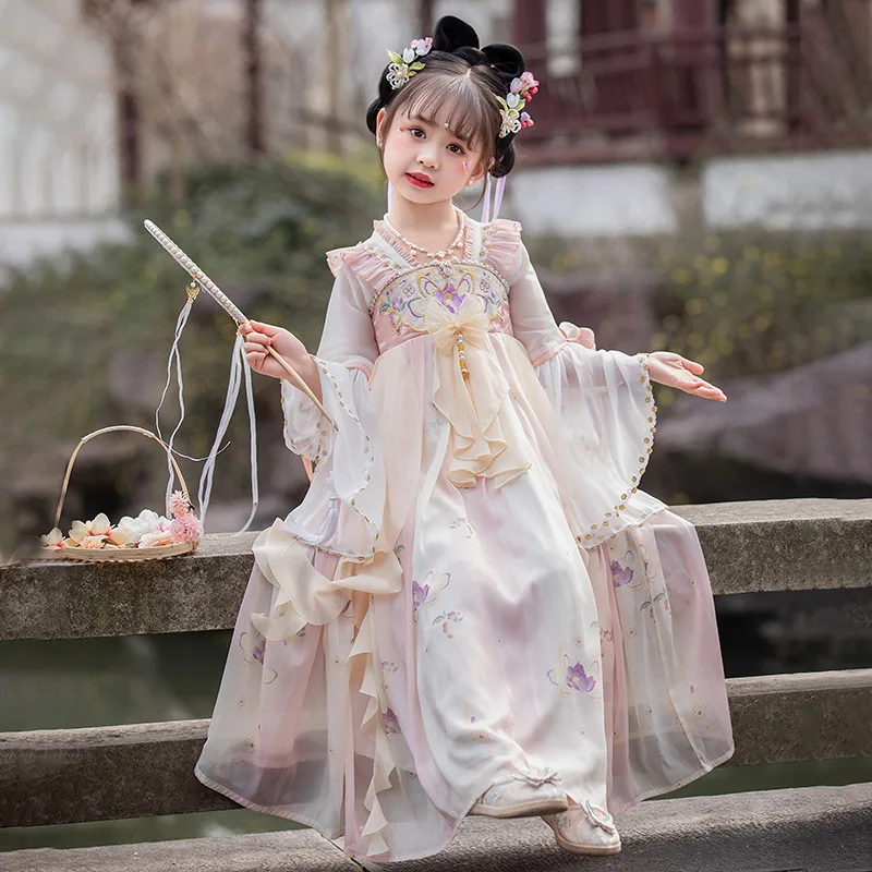 Chinese Traditional Folk Dance Dress Girls Pink Dance Fairy Costume Hanfu Girls Princess Dresses Set Kids Party Cosplay Clothing