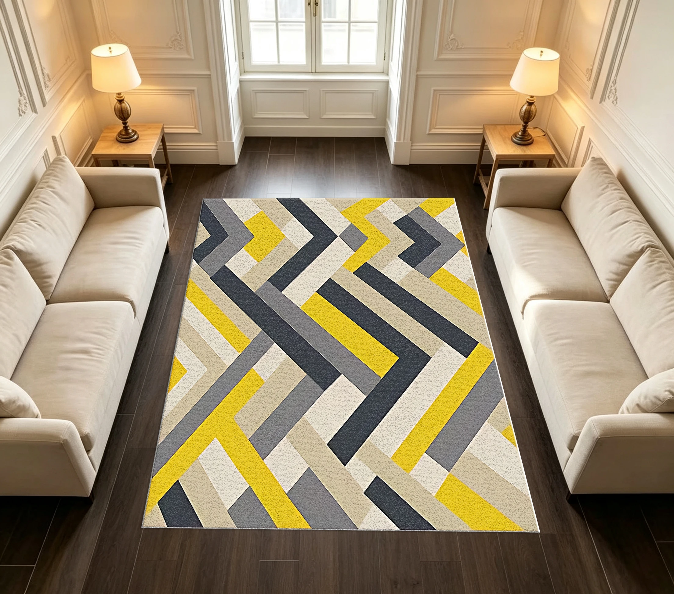 Geometric Chevron Stripe Carpet Flooring, Yellow Gray Beige Modern Indoor Area Rug for Living Room Bedroom