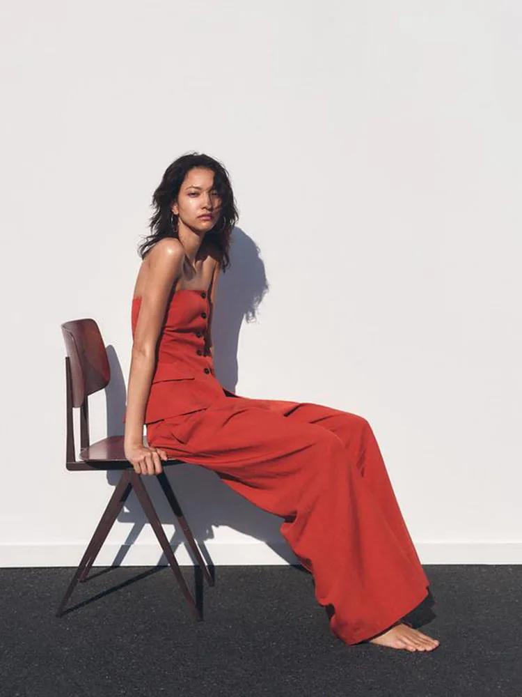 Summer New Women's Casual Strapl Top with Button Decoration And Long Pants Faion Set for Adult Women in Their 20s And 30s