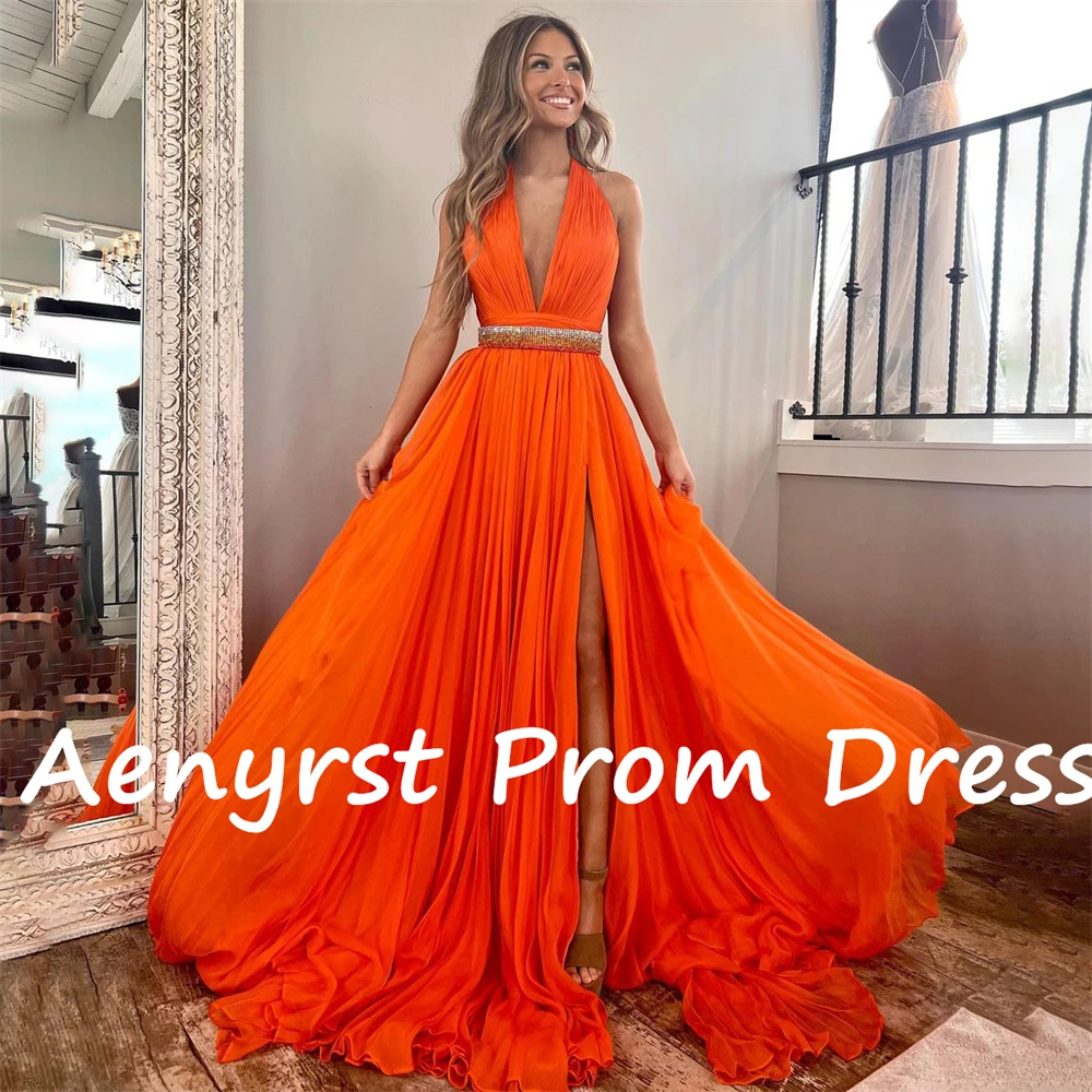 Aenyrst V Neck A Line Evening Dresses For Women Chiffon Pleated Side Split Holiday Gowns 2024 Floor Length Birthday Party Dress