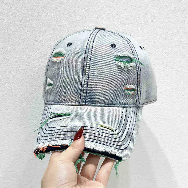 Neue Stil Frauen Kappe Tränen Stil Loch Vintage Bunte Linien Baseball Caps Weibliche Casual Outdoor Streetwear Denim Hut – Detail 15