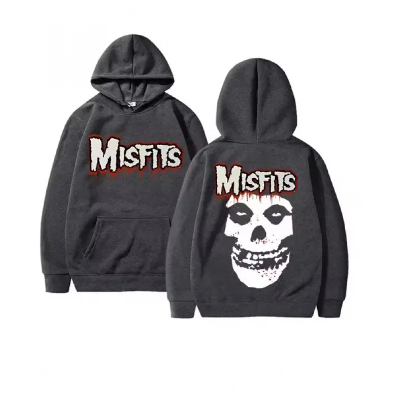 Horror Punk Skull Rock Print Hoodie Fleece Cotton Sweatshirt Unisex Gothic Vintage Long Sleeve for Men Women