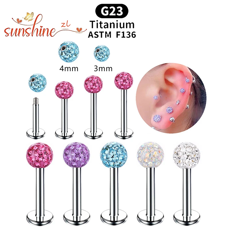 1PS G23 Titanium Lip Labret Piercing Crystal Ball Monroe Lip Stud Helix Tragus Conch Cartilage Eyebrow Ring Earrings Colorful