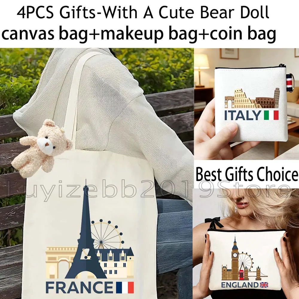 4PCS Cute Gifts White London Paris Italy Rome Dubai New York Canvas Tote Bag Handbag,Cosmetic Makeup Bag,Coin Purse Wallet Pouch