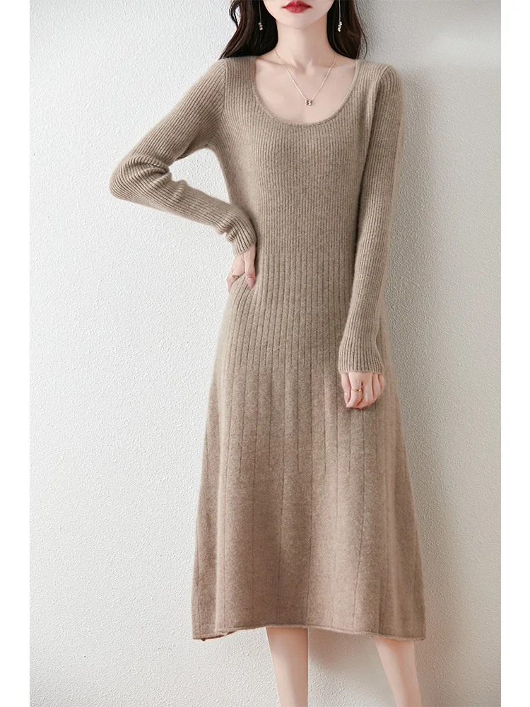 

Women 100% Pure Wool Knitted Pullover Dress Autumn Winter Soild O-neck Elegant Slim Fit Mid-calf Skirt Basic Long Sleeve Dress