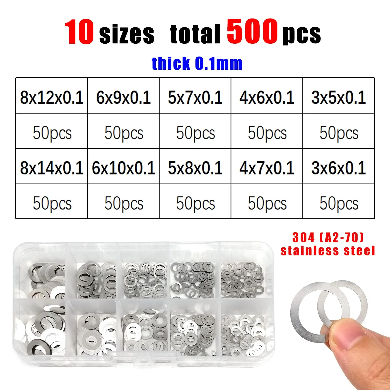 1 Box ultradünne, verstellbare Unterlegscheiben, verschiedene Größen: 0,1 mm, 0,2 mm, 0,3 mm, M3 bis M20, ultradünnes Flachdichtungsset, Edelstahl 304 – Detail 6