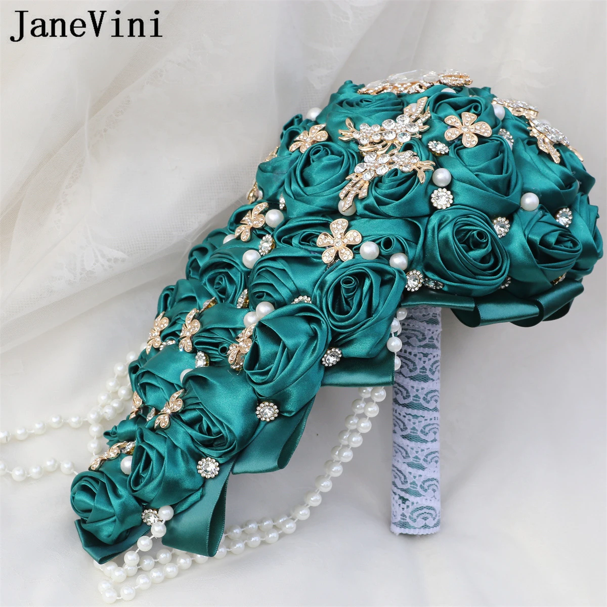 

JaneVini Vintage Dark Green Bridal Bouquet Waterfall Pearls Crystal Gold Rhinestone Satin fake Flower Bride Bouquet Ramos Boda