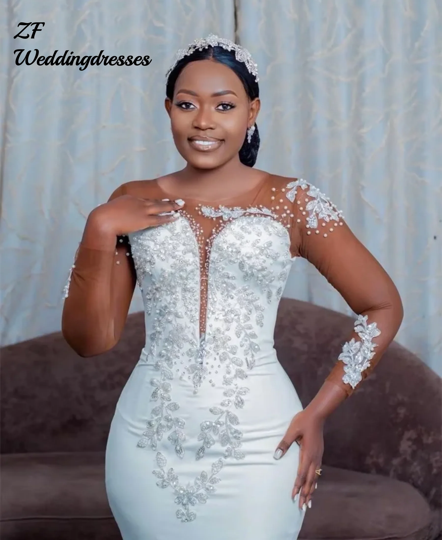 Robe De mariée sirène en Satin, Illusion personnalisée, manches longues, col rond, avec des Appliques, pour femmes