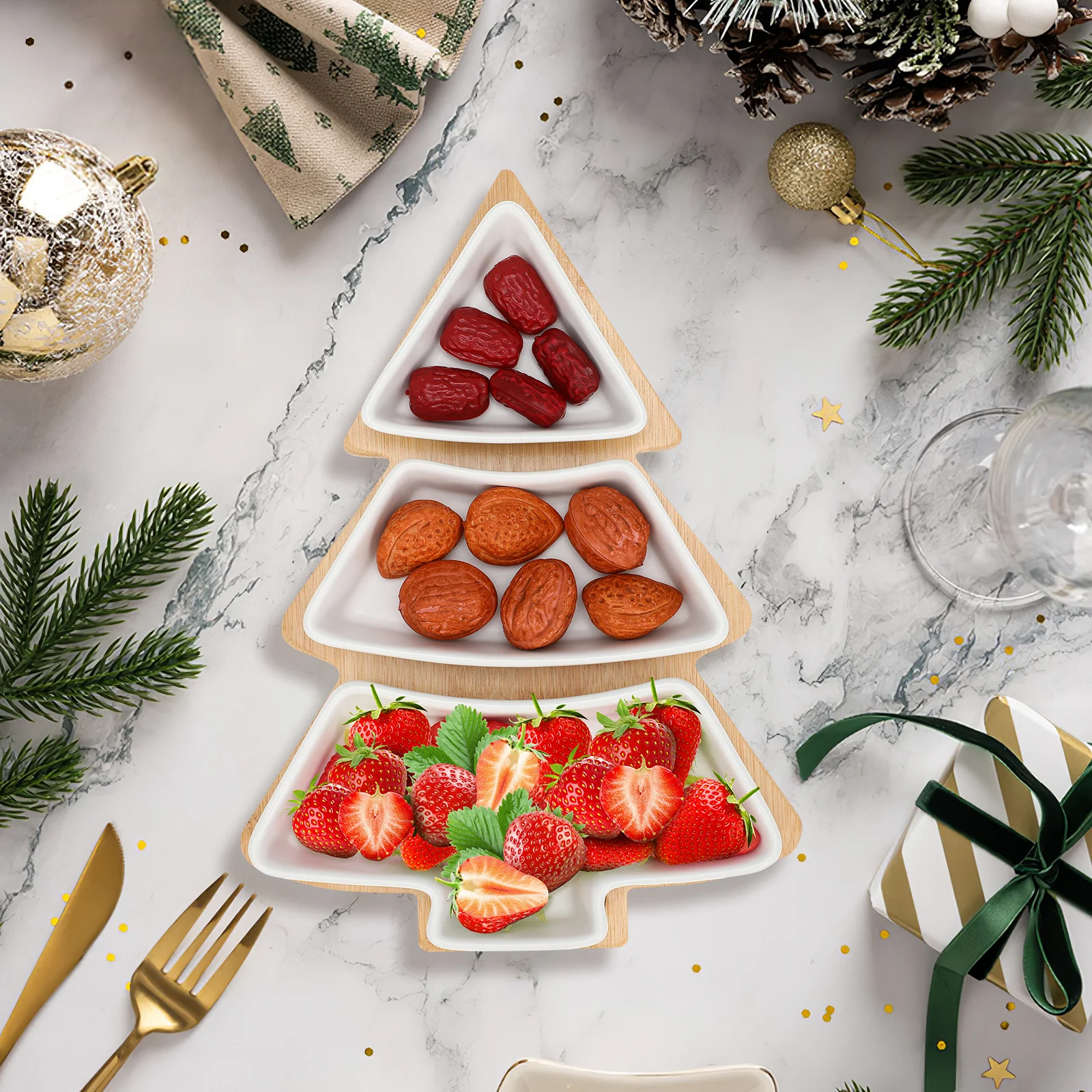 

Festive Holiday Ceramic Dish Tray Christmas Tree Design Cookie Serving Plate with Bamboo Base