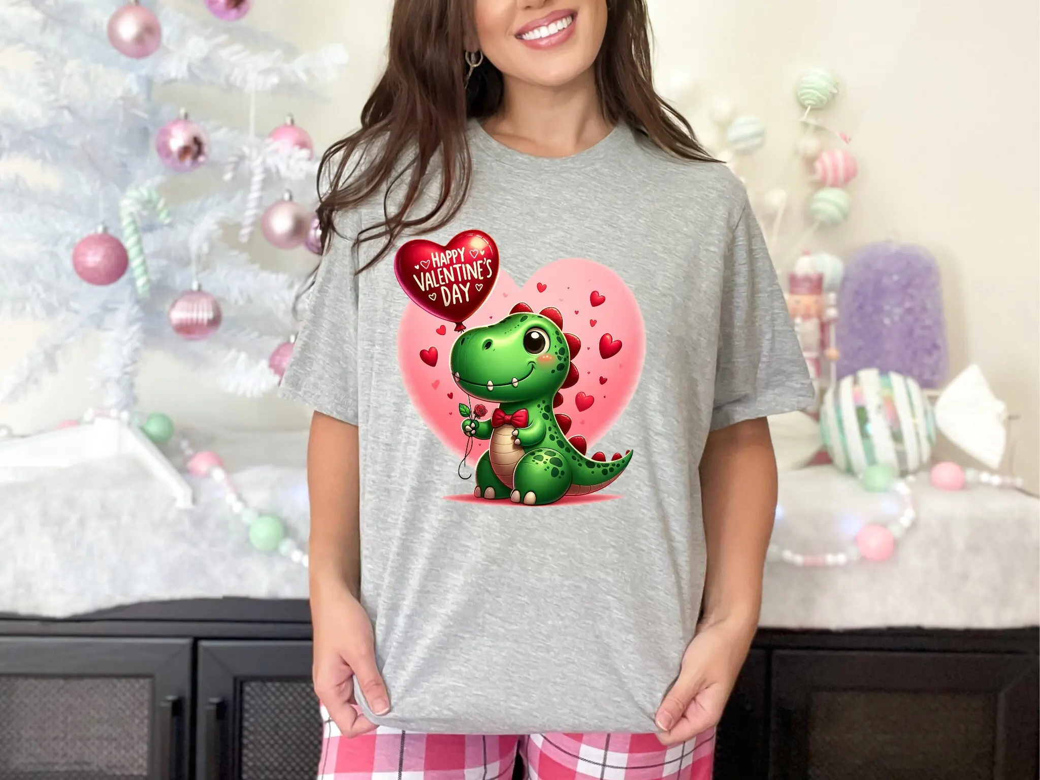 Valentine's Day Cartoon T Rex with Red Bow Tie Heart Balloon Shirt DTG for Unique Love Idea