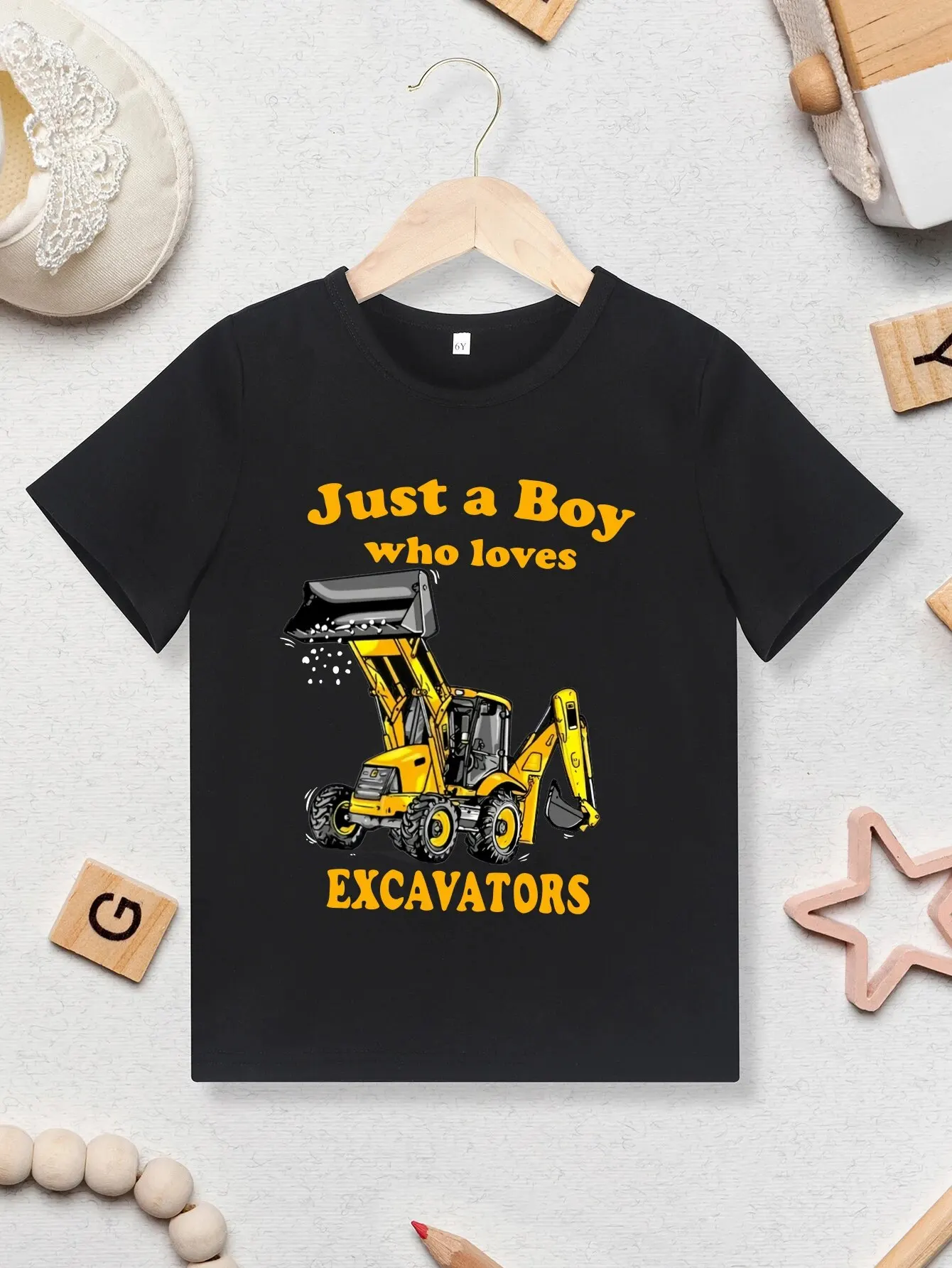 Boys Excavator Print Cute T-shirt Clothing Casual Fashion Short Sleeve Comfy Outdoors Outfit For Kids