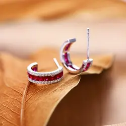 Fashion Brilliant Earrings for Women New in Silver Inlaid Full Diamond Red gemstone C-shaped Stud Earrings Engagement Jewelry