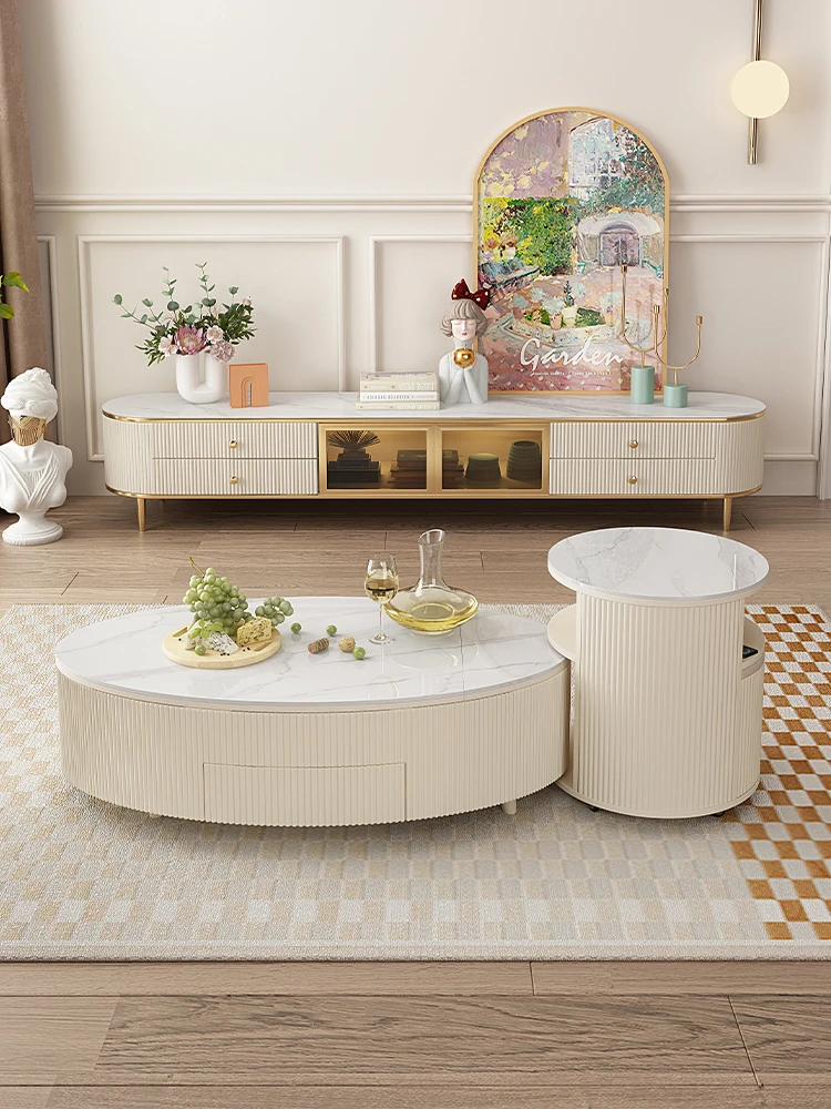 Cream wind balcony tea table and chair combination round tea table kettle embedded rock mobile tea table