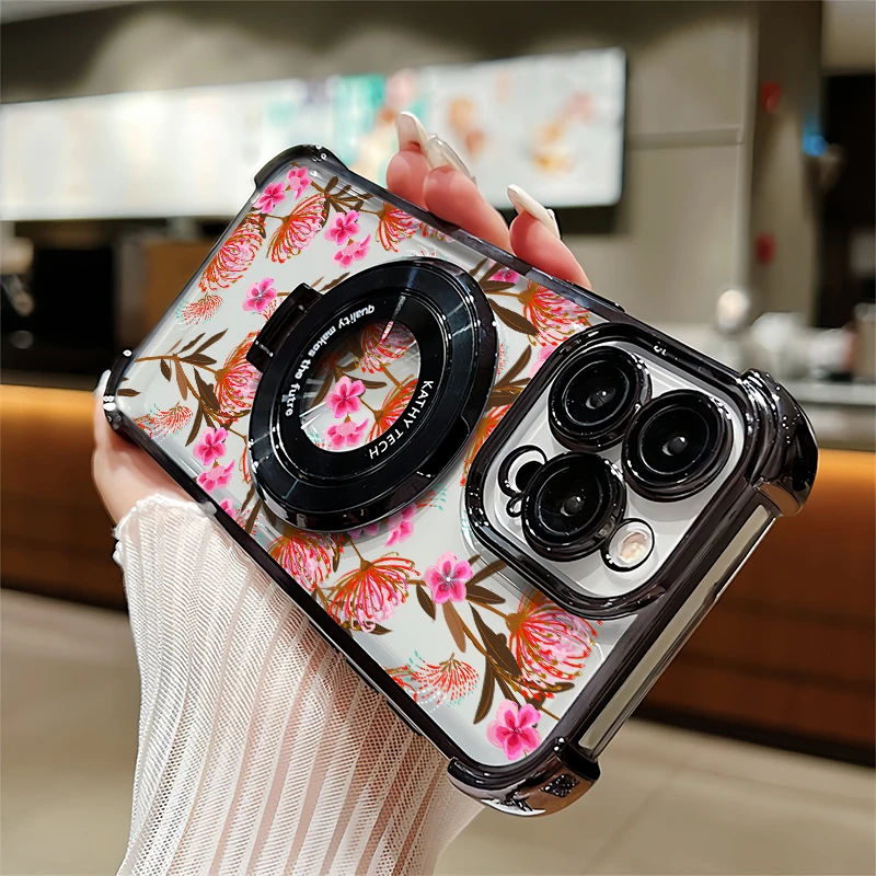

Clear Bracket Phone Case For iPhone 17 Air 17E 16E 16 Pro Max 15 Plus Plating Shockproof Flower Floral Pattern Silicone Cover