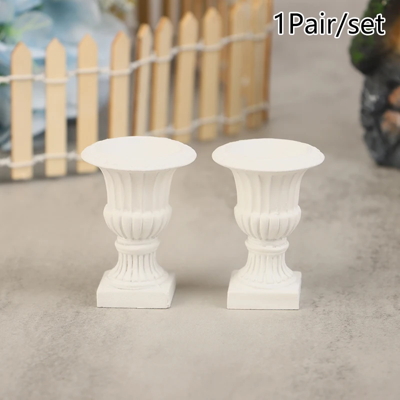 1Pair 1:12 Dollhouse Miniature White Pillar Flower Pot Mini Potted Green Plants Bonsai Plant Pot Model Home Balcony Garden Decor