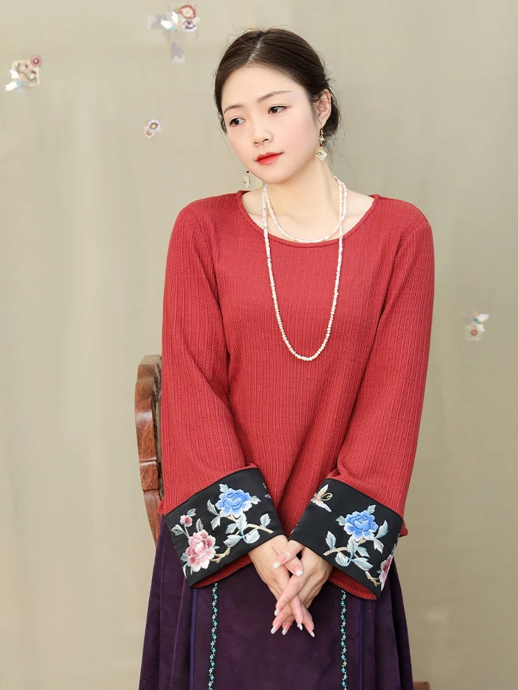 

Retro Knitted Silk Top Women's Casual Long Sve round Ne Design Sle Commute Winter Faion Heavy Embroidery Large Sve