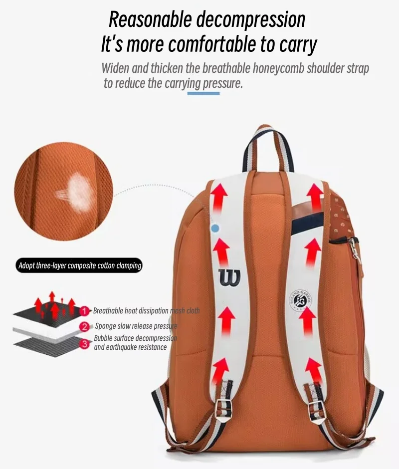 윌슨 프로페셔널 테니스 가방 프렌치 오픈 투어 라켓 패들 스포츠 가방 방수 2 테니스 라켓 배낭 남성 여성 보유