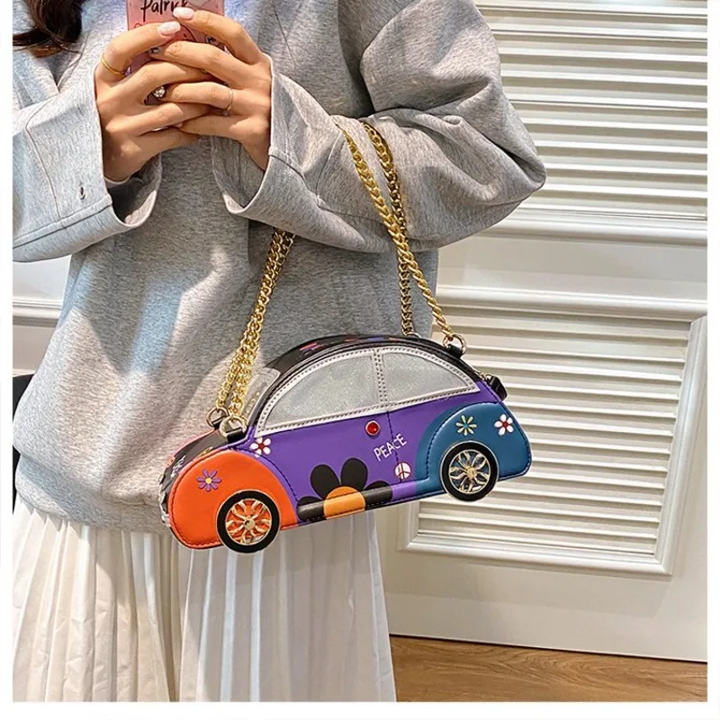 

Women's Bag 2025 New Car Style Bag Handheld Chain Personalized Creative Bag Color Contrasting Cute Cartoon Сумка С Одним Плечом