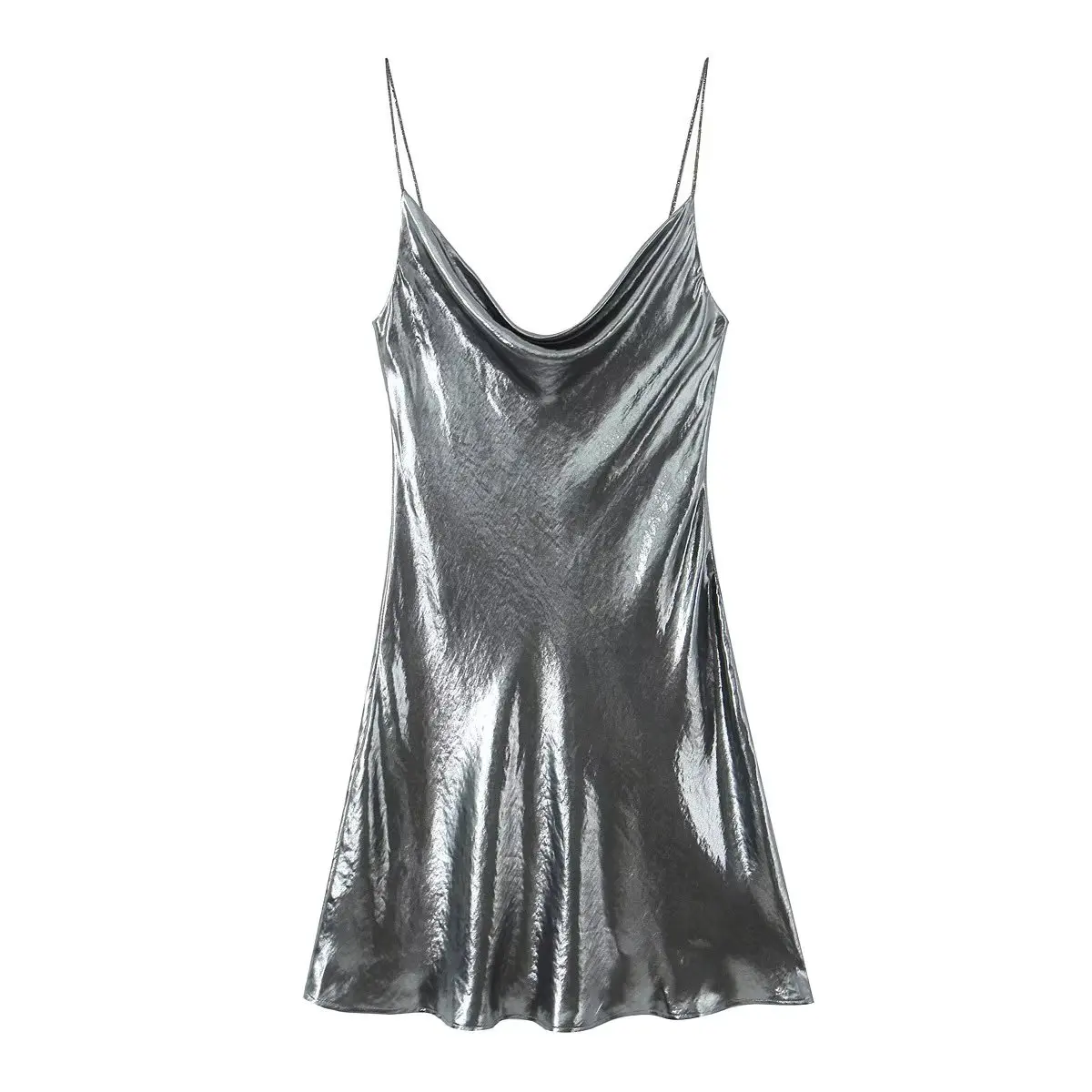 Summer Women Shinning Metallic Color Sling Mini Dress Female Chic Pleat Design Casual Slim Party Vestidos DS5000