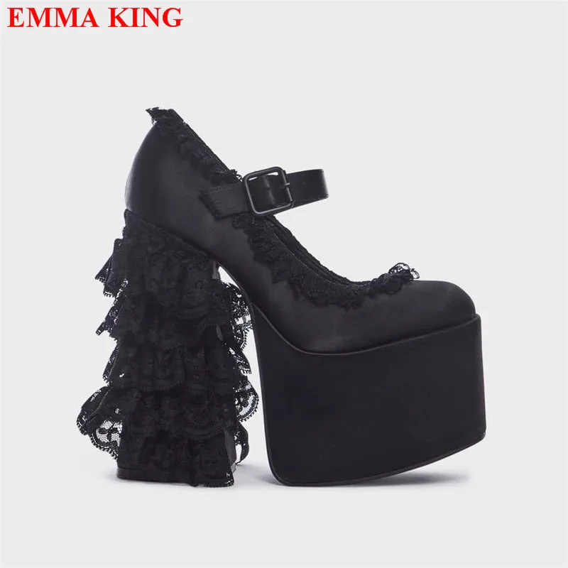 

Fashion Satin Ruffled Lace Platform Mary Janes Round Toe Buckle Strap High Heels Women Sexy Ladies Party Pumps Black Shoes Woman