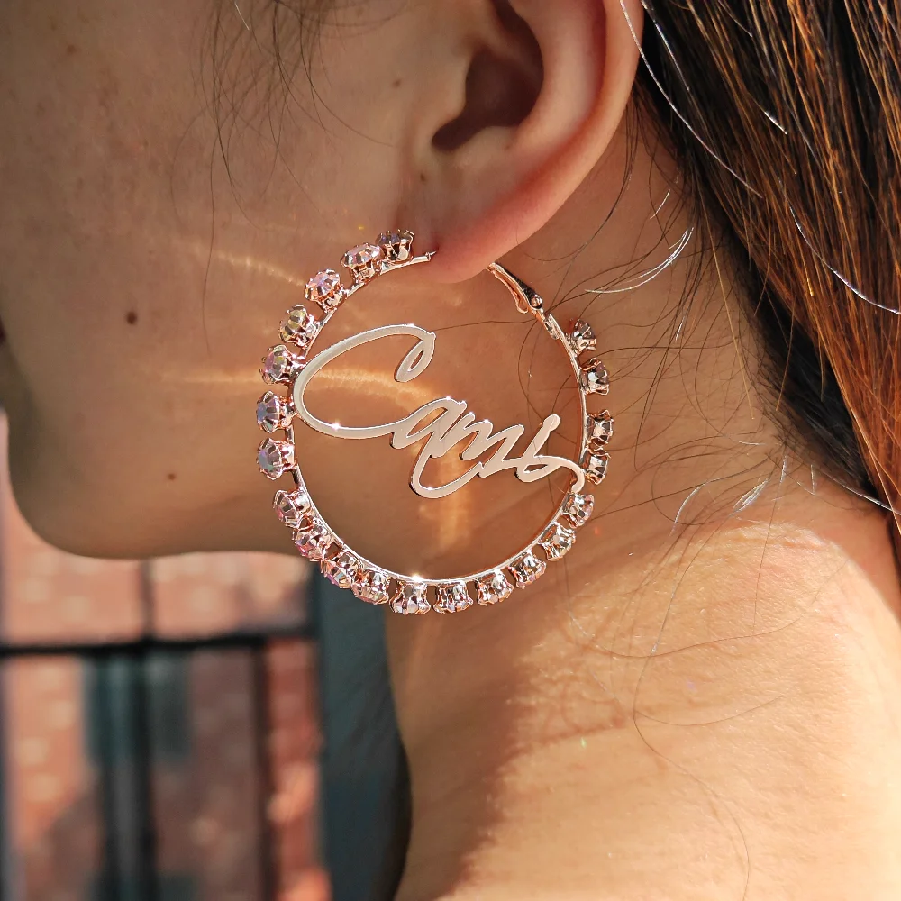 2023 Custom Name Hoop Earring Personalized Stainless Steel Crystal Earring Colorful Paved Diamond Earring For Women Jewelry Gift