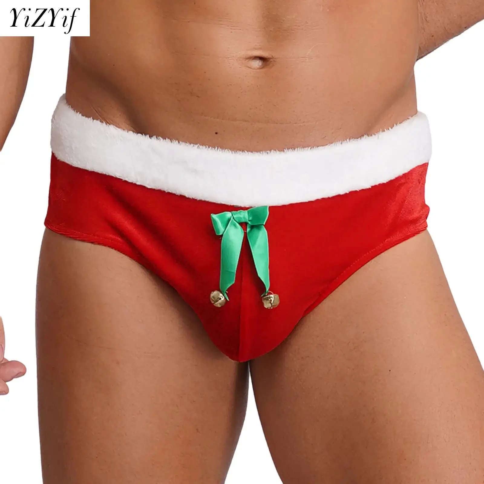 

Mens Christmas Santa Velvet Briefs Plush Waistband Bulge Pouch Bow And Bells Decor Underwear New Year Party Night Club Wear