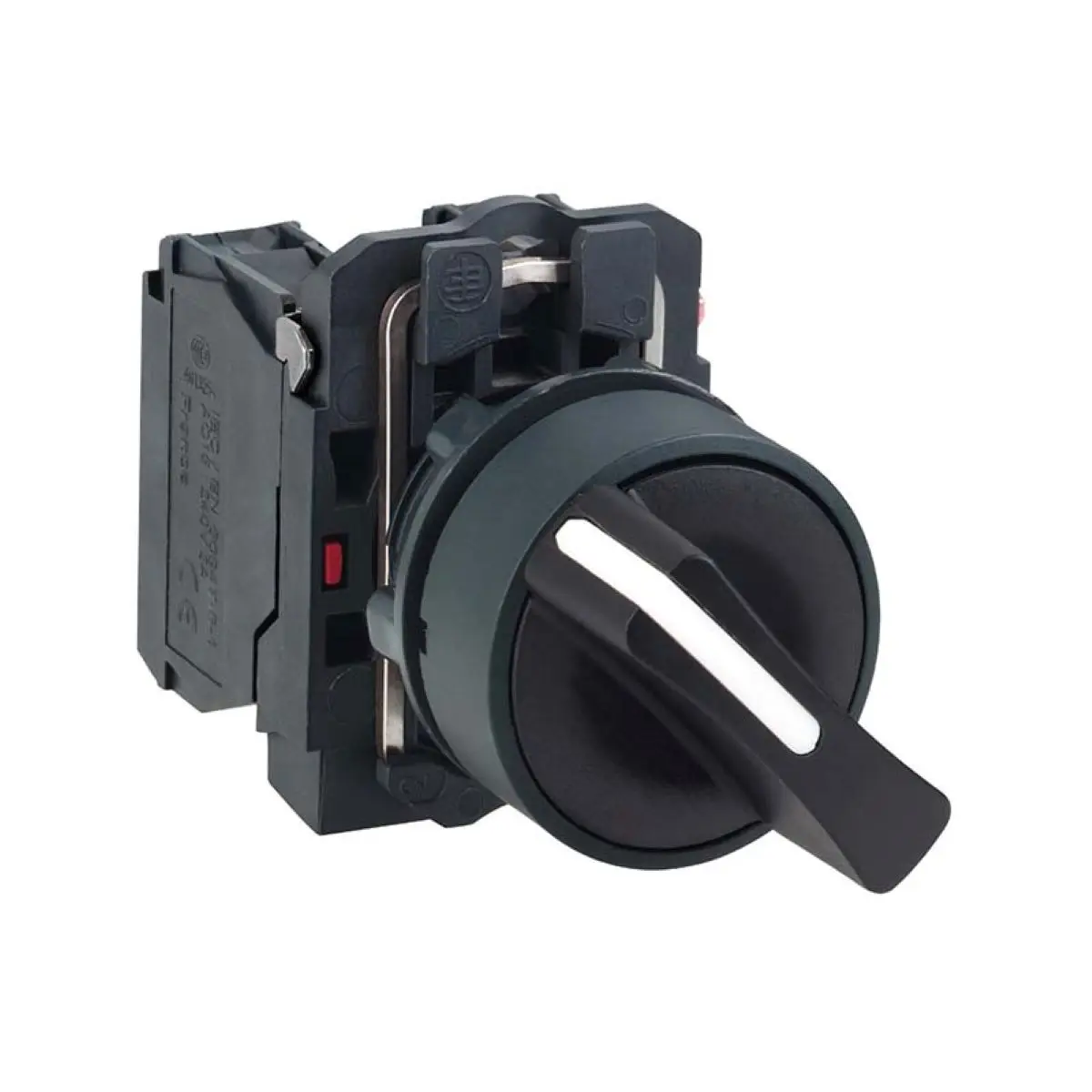 

XB5AD33C = ZB5AZ103C + ZB5AD3C Harmony, 22mm Push Button, 3 position selector switch, black, maintained, 2 NO, marked HAND OFF A