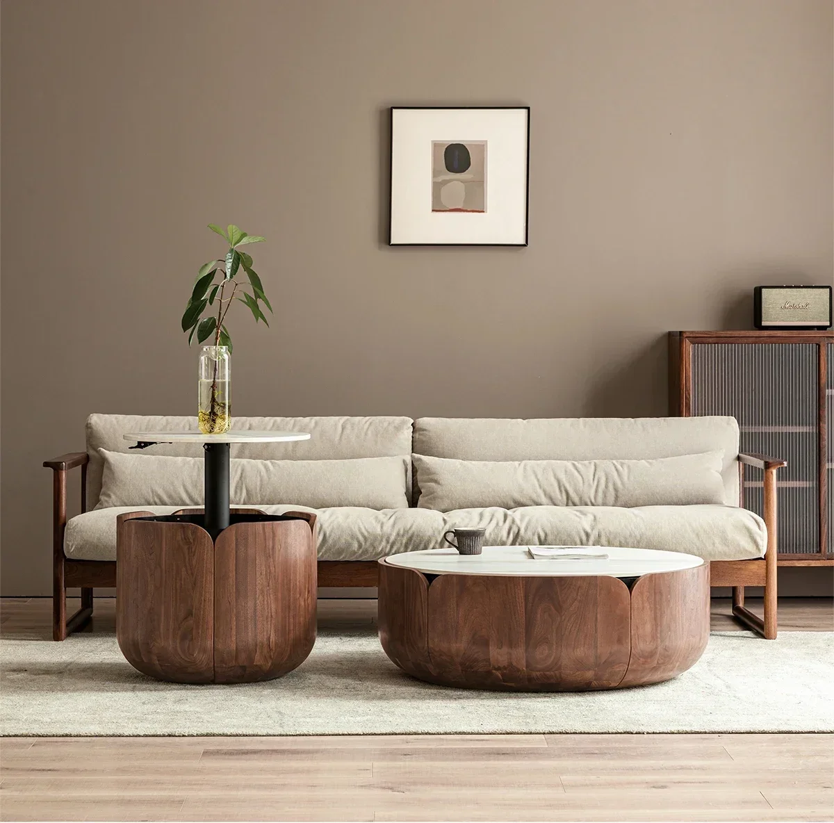

A Petal Lifting Tea Table Black Walnut Stone Plate Small Table Solid Wood round Storage
